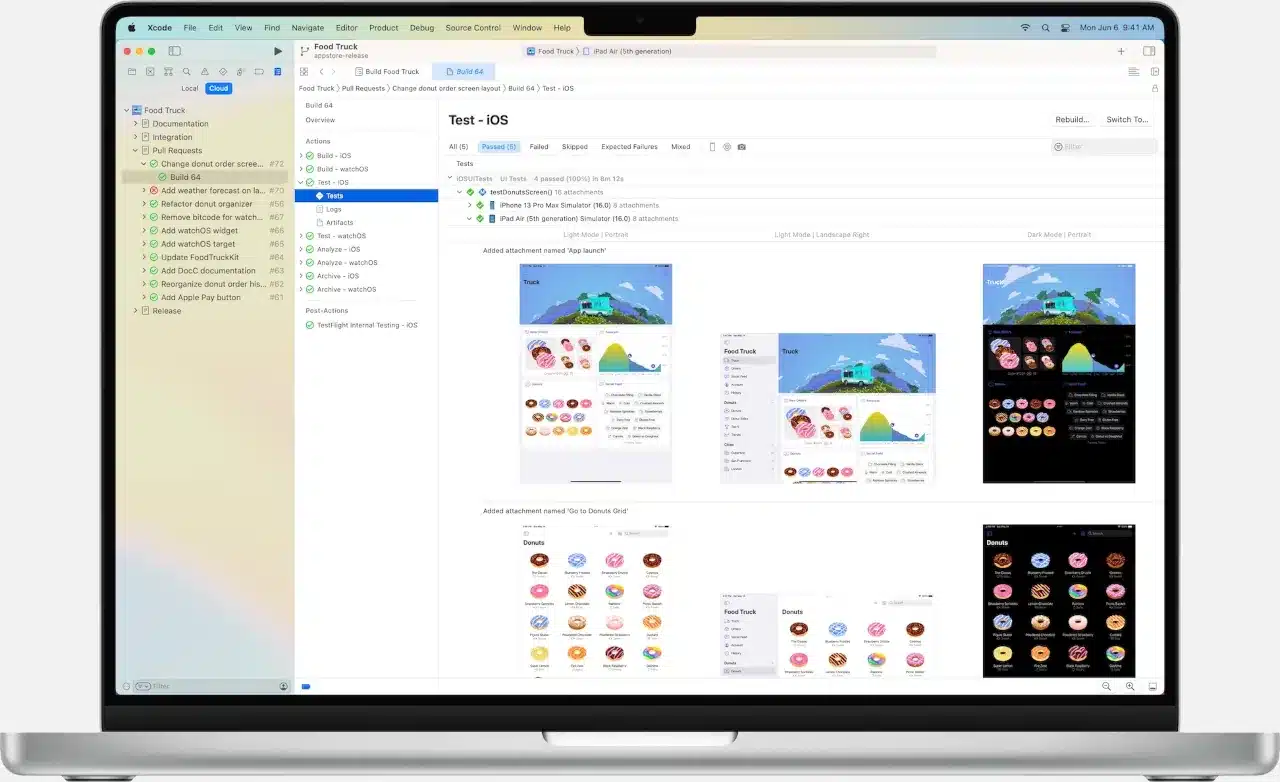 Interface of Xcode on a Macbook and iPhone.