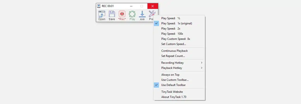 TinyTask interface appear with a right click on Windows.