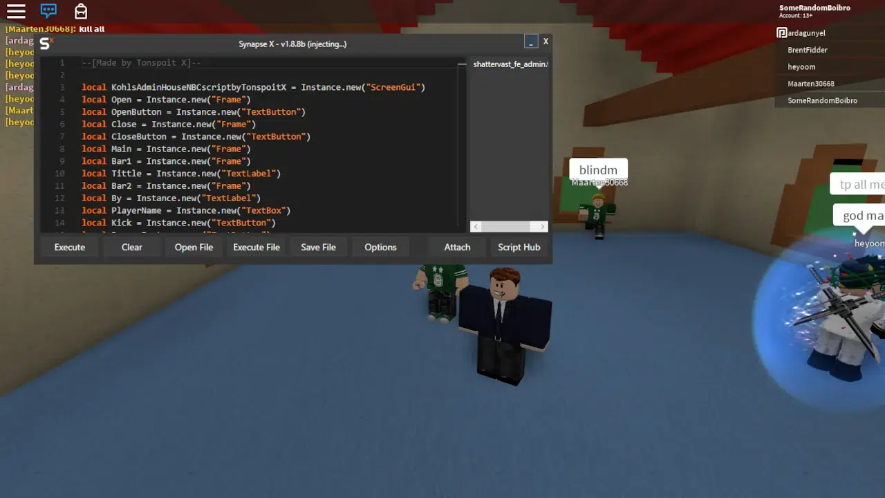 Synapse X interface on Windows and Roblox.