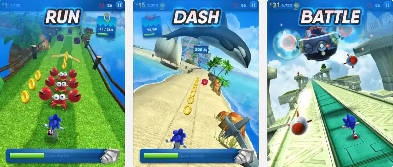 Interface of Sonic Dash on Android available on Windows and Mac.