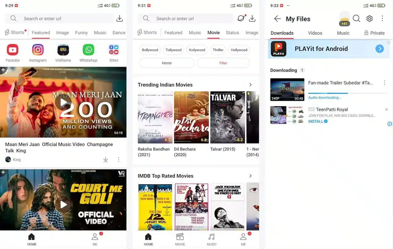 Vidmate's interface on Android also available on Windows.